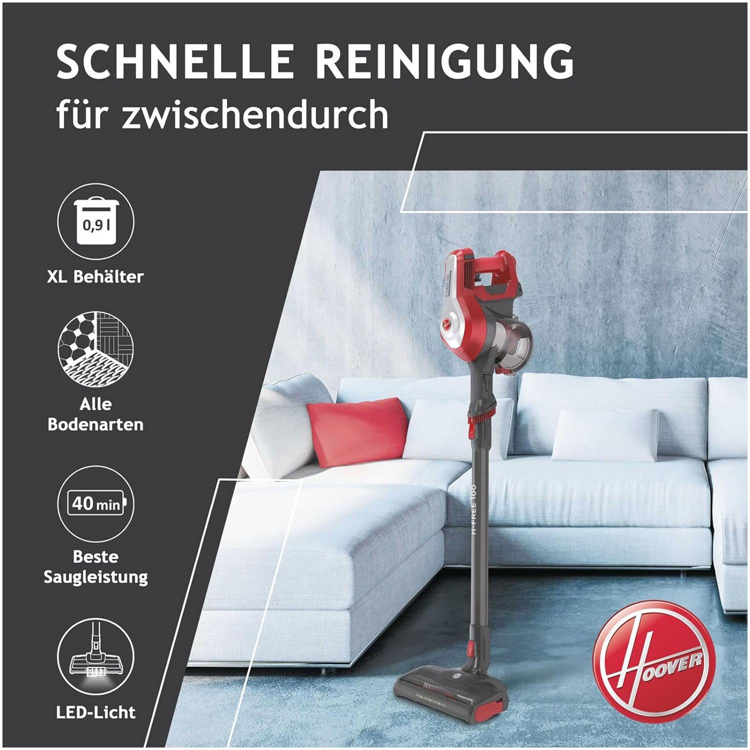 Hoover Akku-Hand-und Stielstaubsauger HF 122RH-11, 170 W, beutellos, Boden- & Handsauger in Einem, 22 V, LED-Licht, Turbo, 0,9 l Behälter