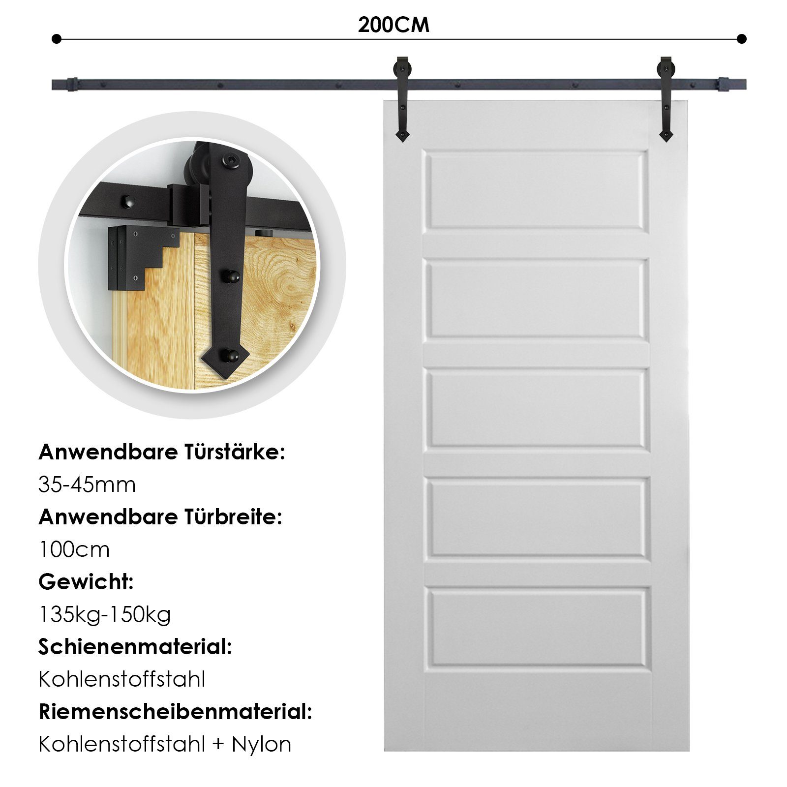 Clanmacy Schiebetür Schiebetür 200 cm Schiebetürsystem Laufschiene Schiebetürbeschlag Set, 200cm