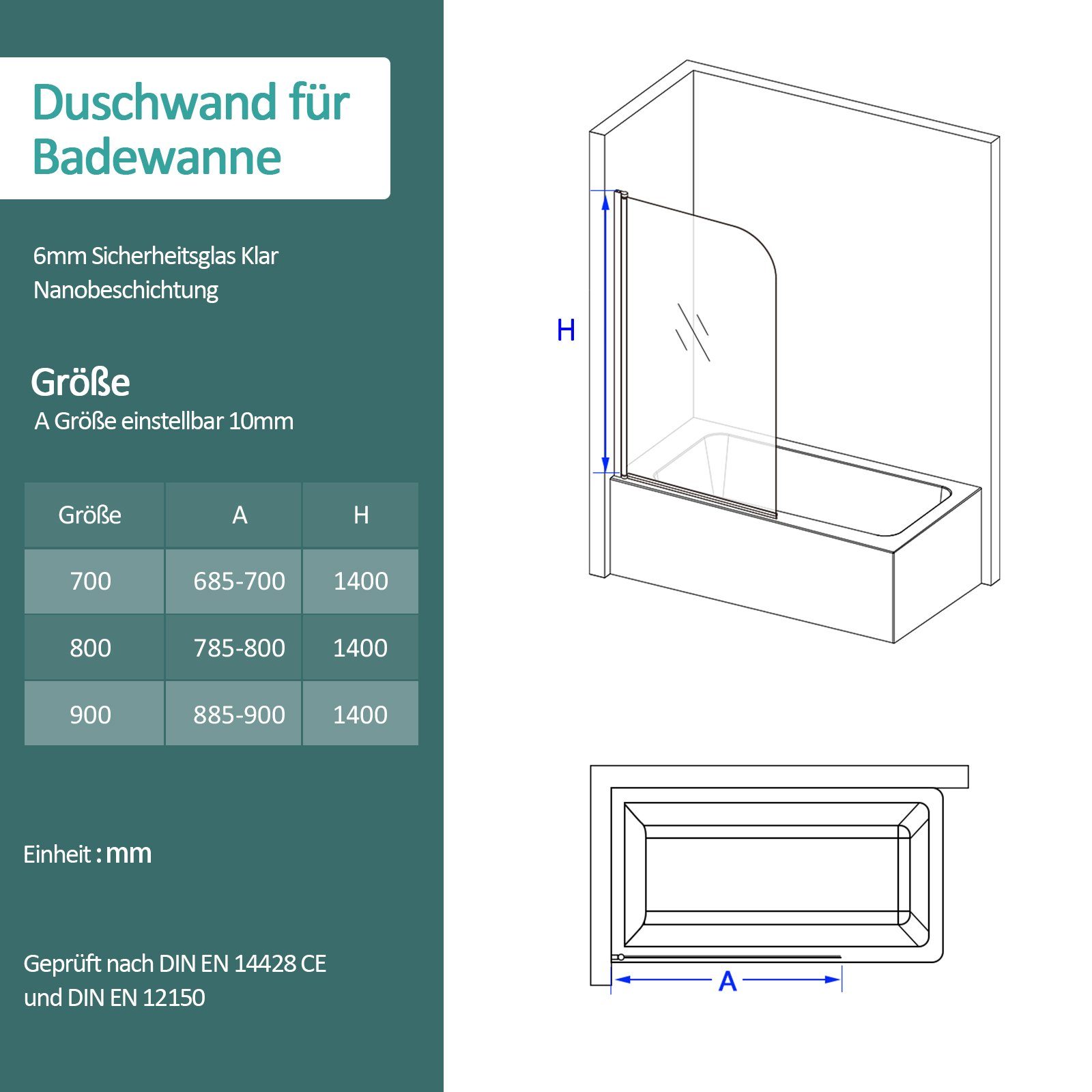 EMKE Badewannenaufsatz EMKE Badewanne Duschwand mit NANO einfach-Reinigung Beschichtung, 6mm Sicherheitsglas