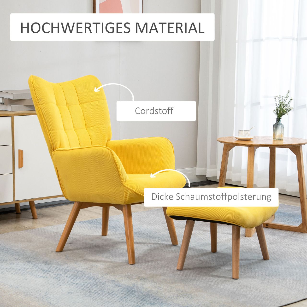 HOMCOM Ohrensessel mit Hocker, Relaxsessel, Polstersessel in Cord-Optik, Gelb
