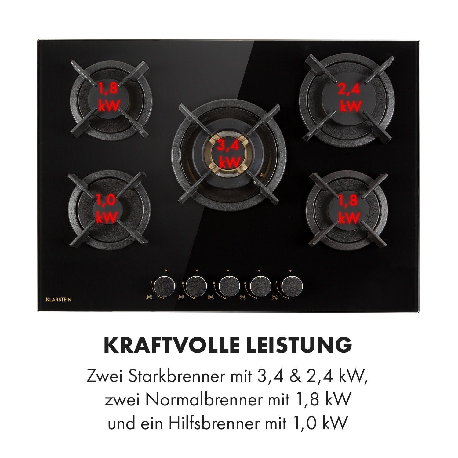 Klarstein Gas-Kochfeld Goldflame 5 Gaskochfeld 5-flammig Messing-Brenner Glaskeramik schwarz CP11-Goldflame-5, Einbau Gas Kochfeld Gasherd 5 Platten Kochplatte Einbaukochfeld