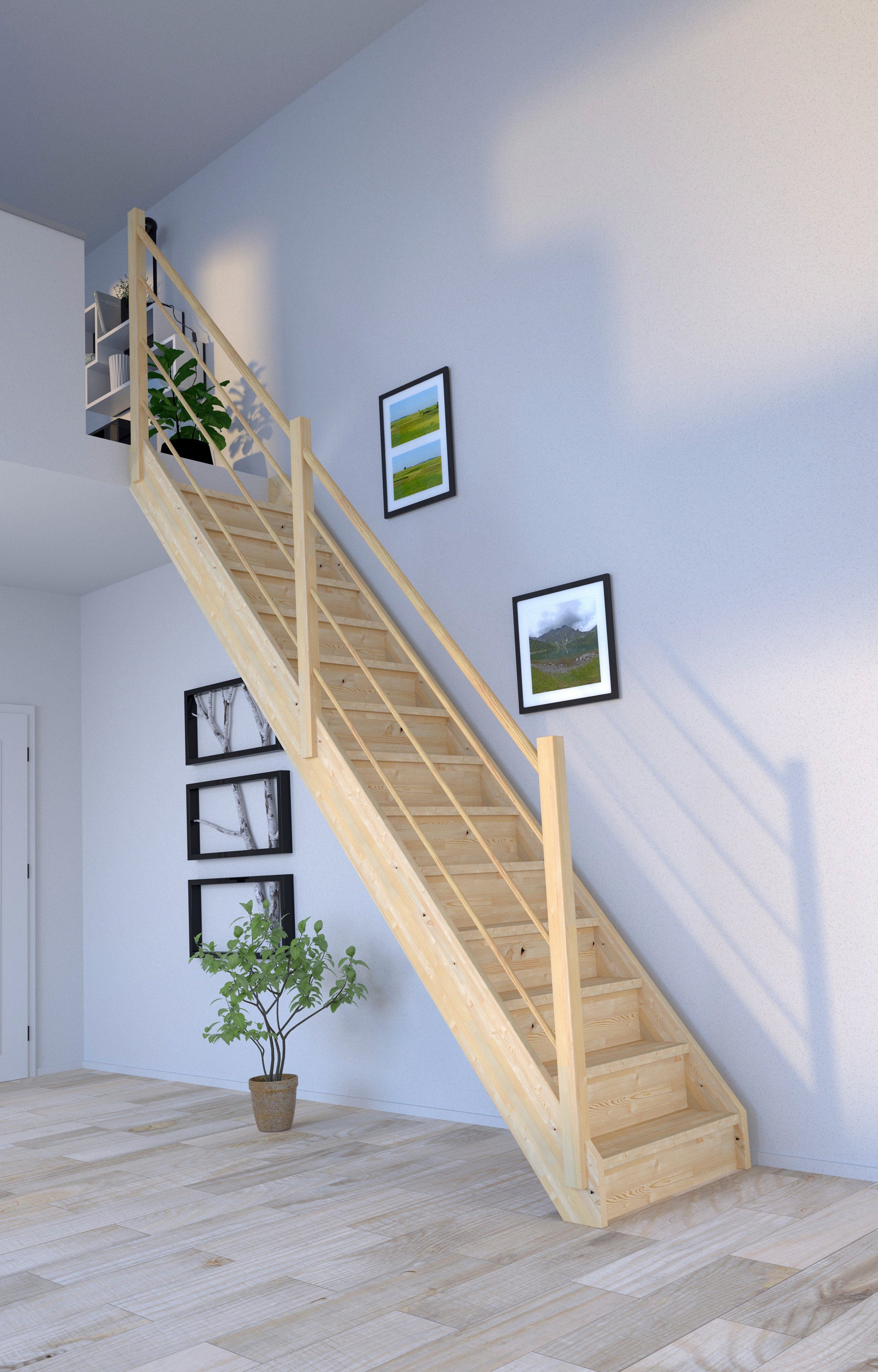 Starwood Raumspartreppe Massivholz Korfu, Holz-Holz Design Geländer Links, für Geschosshöhen bis 300 cm, Stufen geschlossen, Durchgehende Wangenteile