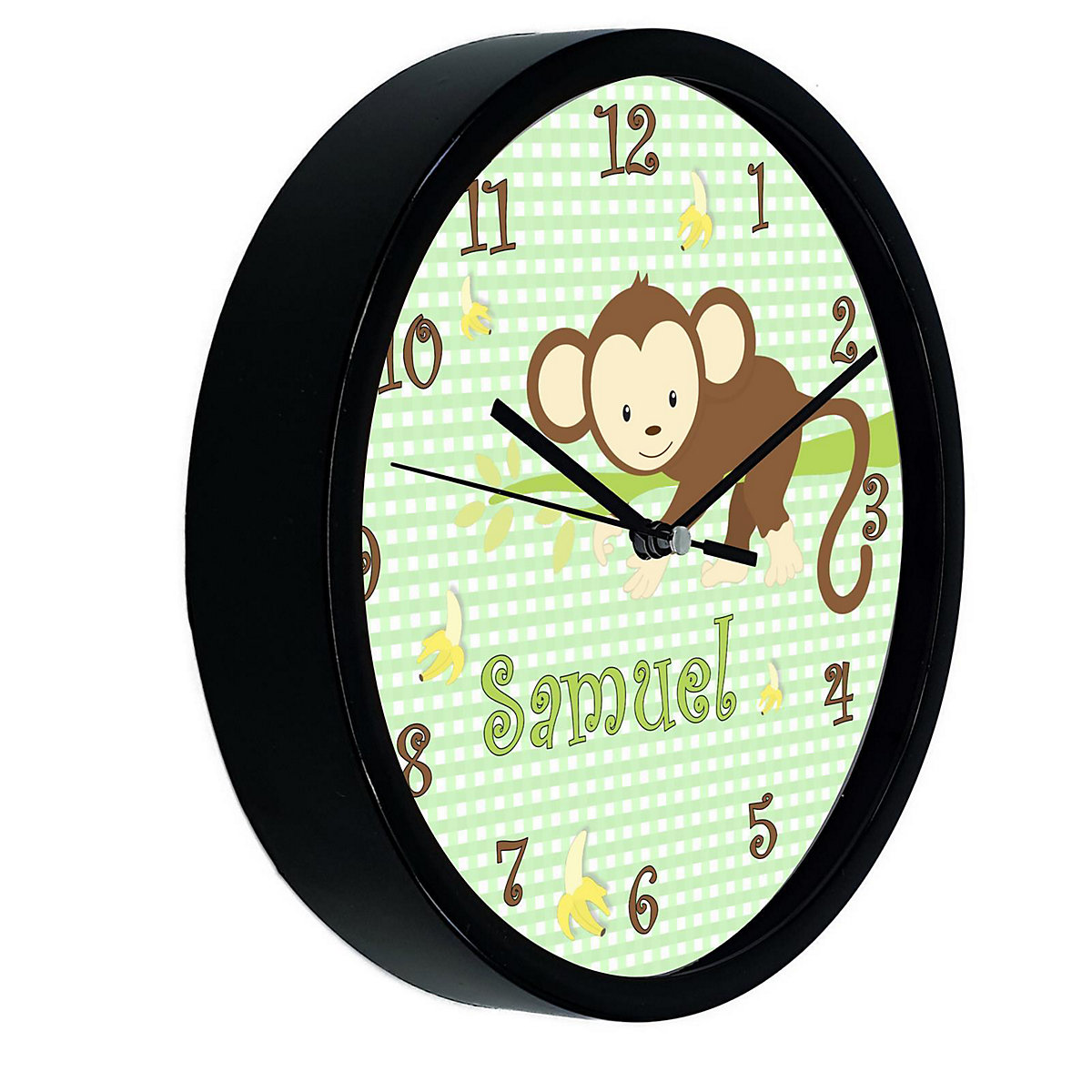 Kinder Wanduhr personalisiert mit Name Affe hängend Grün