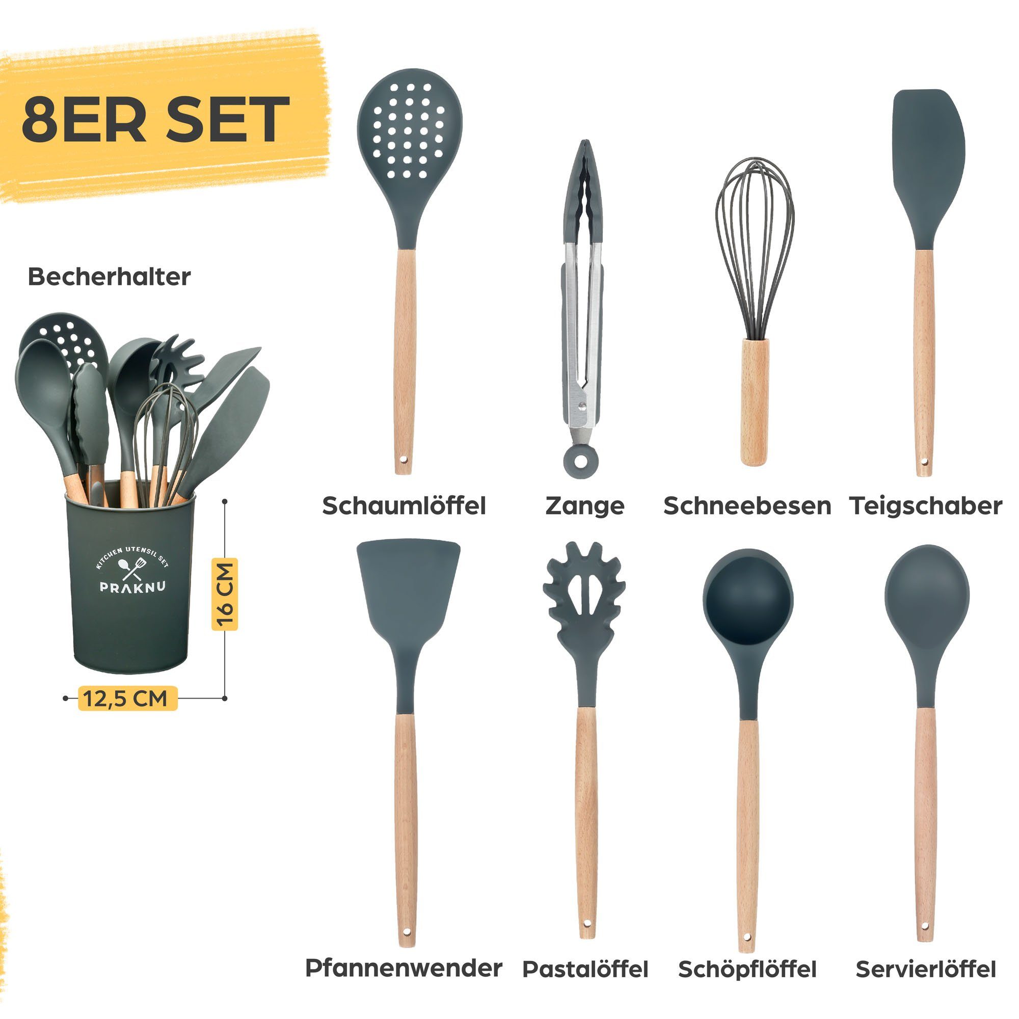 Praknu Kochbesteck-Set - 8 Silikon Küchenhelfer, Holzgriff Kochgeschirr Küchenutensilien (Set, 8-tlg), Küchen Accessoires Zubehör Haushalt Set & Halterung / Aufhängeschlaufe