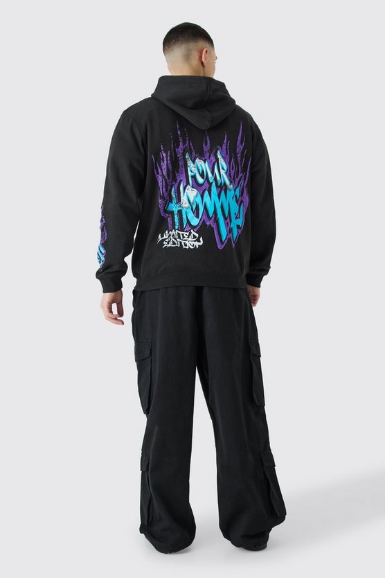 Hoodie mit Graffiti Flammen Print und Reißverschluss