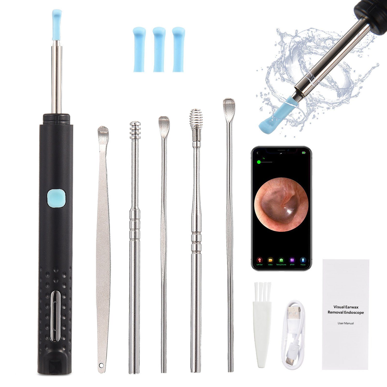 SEEZSSA Ohrenreiniger Advanced Das Ear Scoop mit WIFI Ear Scope, Ohrlöffel aus Eisen zur Reinigung von Ohrenschmal, Ohrlöffel mit 230mah Li-Ion-Akku mit Silikon-Ohrlöffel, Schwarz/Weiß