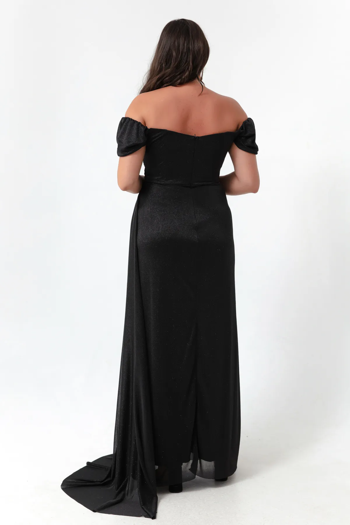 Lafaba  Damen-Abendkleid in Schwarz mit U-Boot-Ausschnitt, drapiertem Schlitz, langes Glitzer-Abendkleid