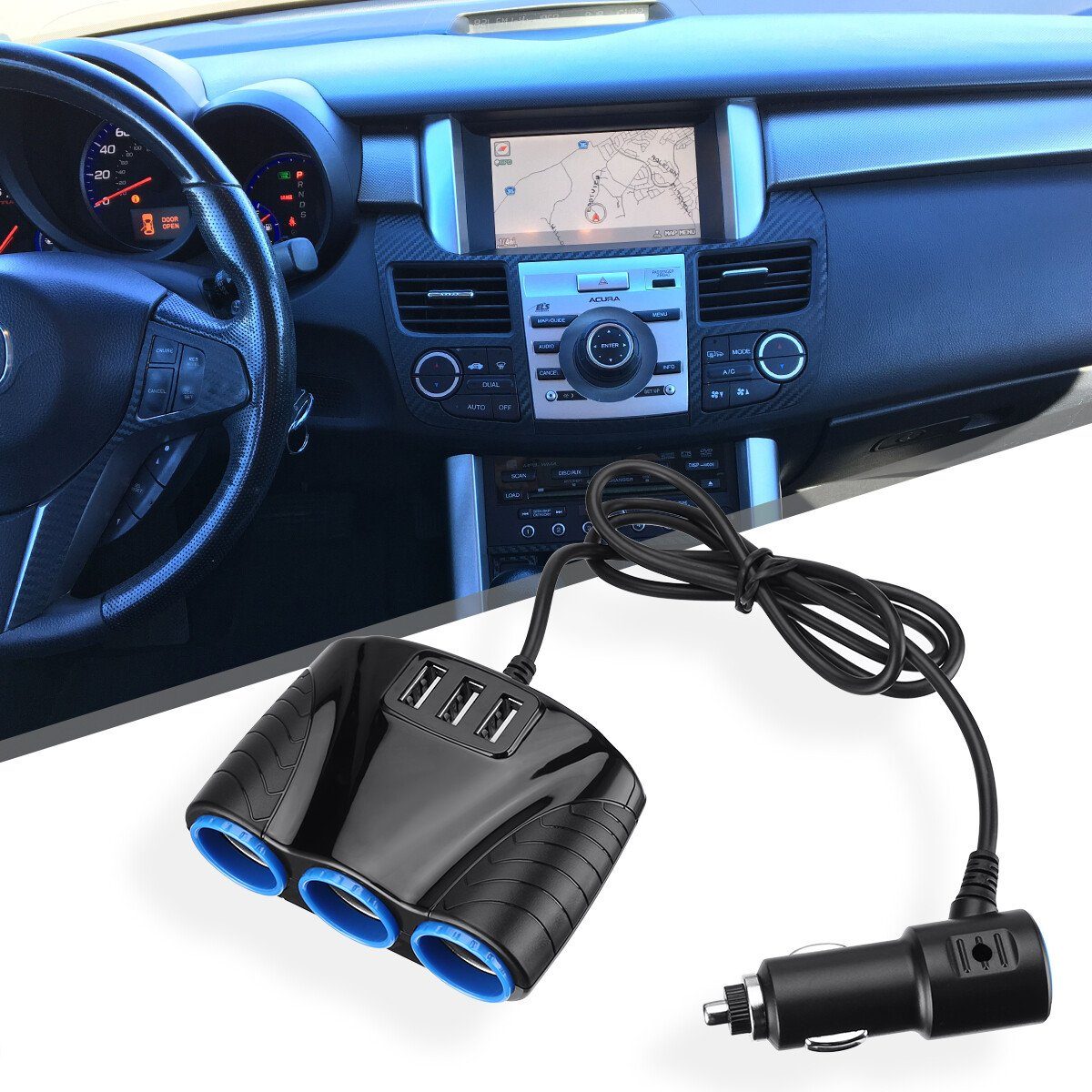 ombar KFZ-Adapter 12-24V, 3xUSB Buchse,3-fach Zigarettenanzünder Verteiler KFZ-Adapter USB-C zu USB-C