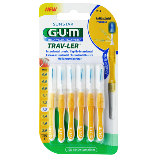 GUM TRAV-LER 1,3mm Tanne gelb Interdental 6Kappen  6 St  Zahnbürste