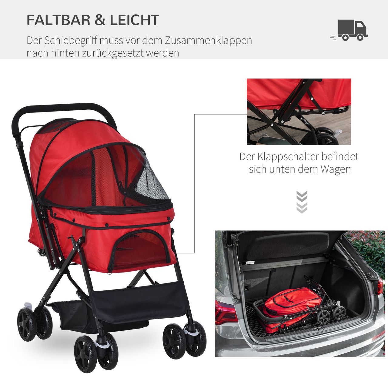 PawHut Hundebuggy Hundewagen für kleine Hunde Katzen Pet Stroller Oxford Rot
