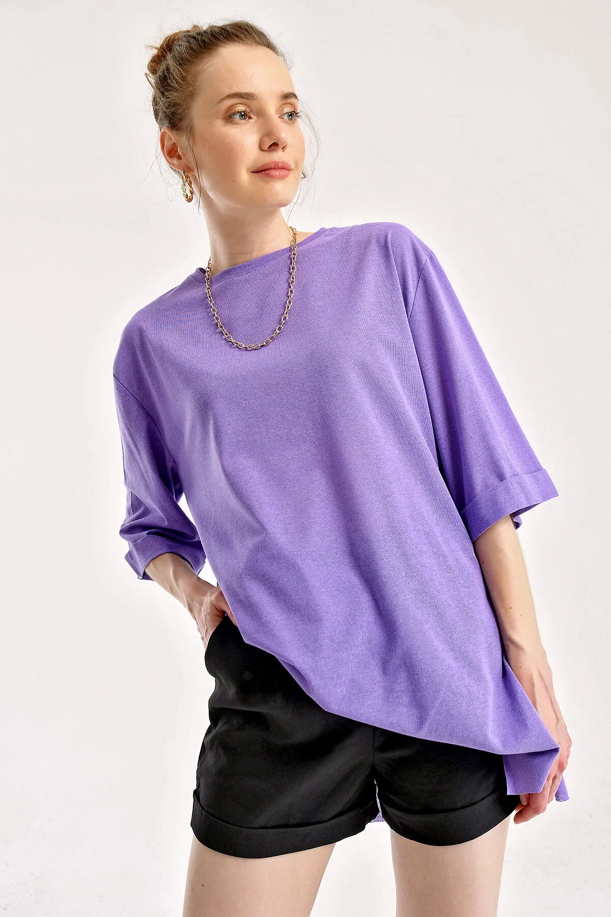 Bigdart  4123 Geschlitztes Oversize-T-Shirt – Lila