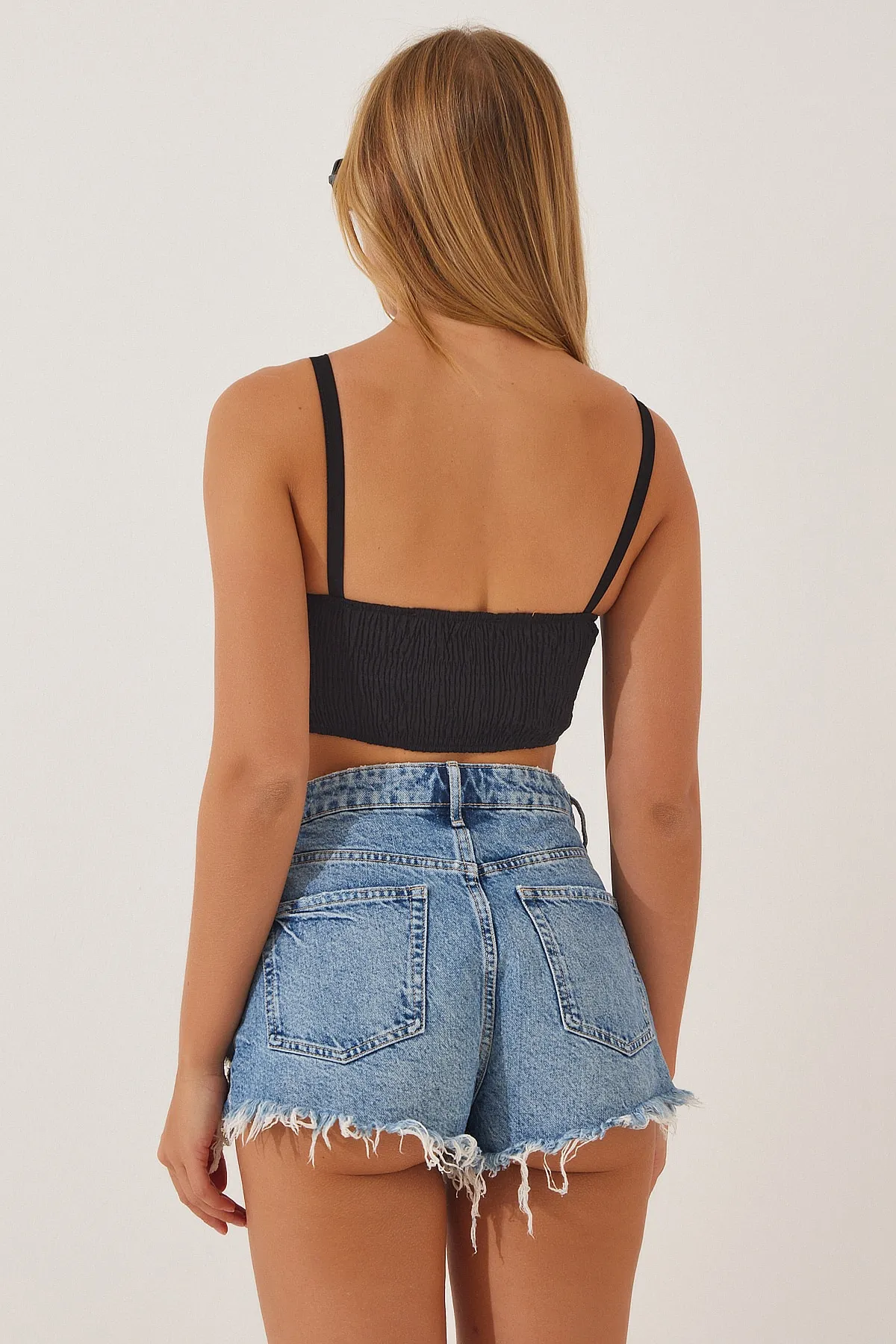 Happiness İstanbul  Schwarzes Popeline-Bustier mit Trägern für Damen TO00021