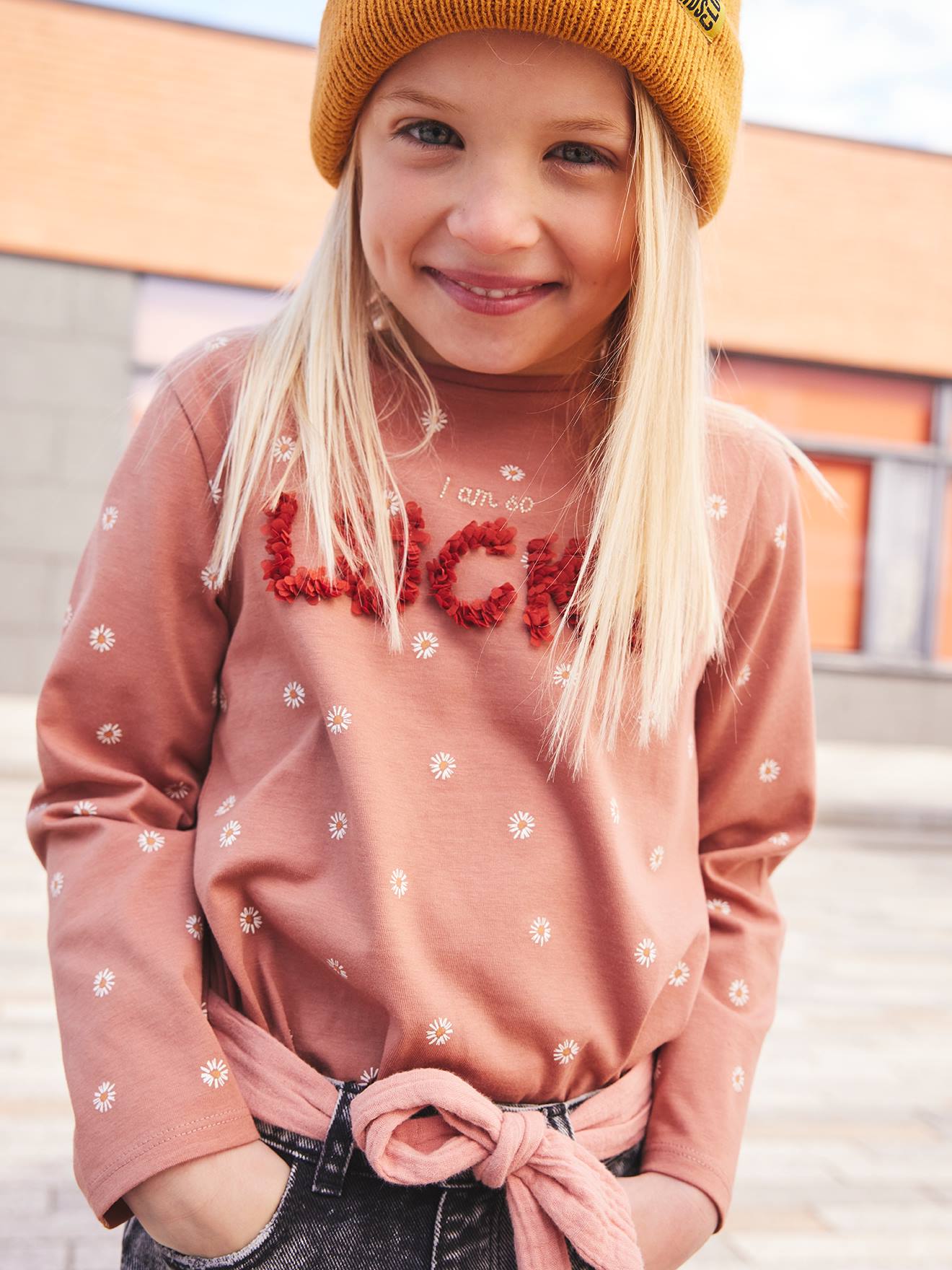 T-shirt message en relief fille marron