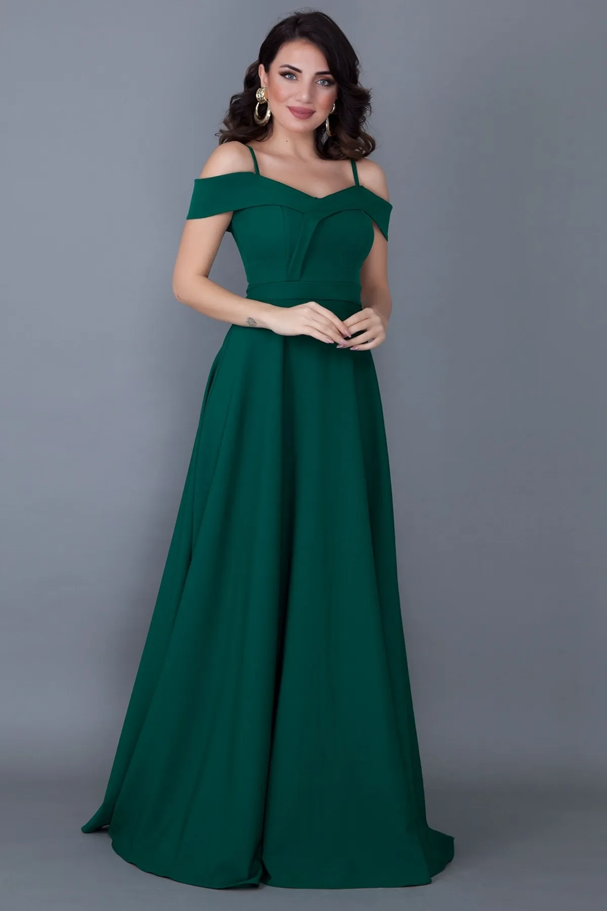 lovebox  Trägerloses, tiefes Schulter-, zweireihiges Maxi-Abendkleid in Smaragdgrün mit 342