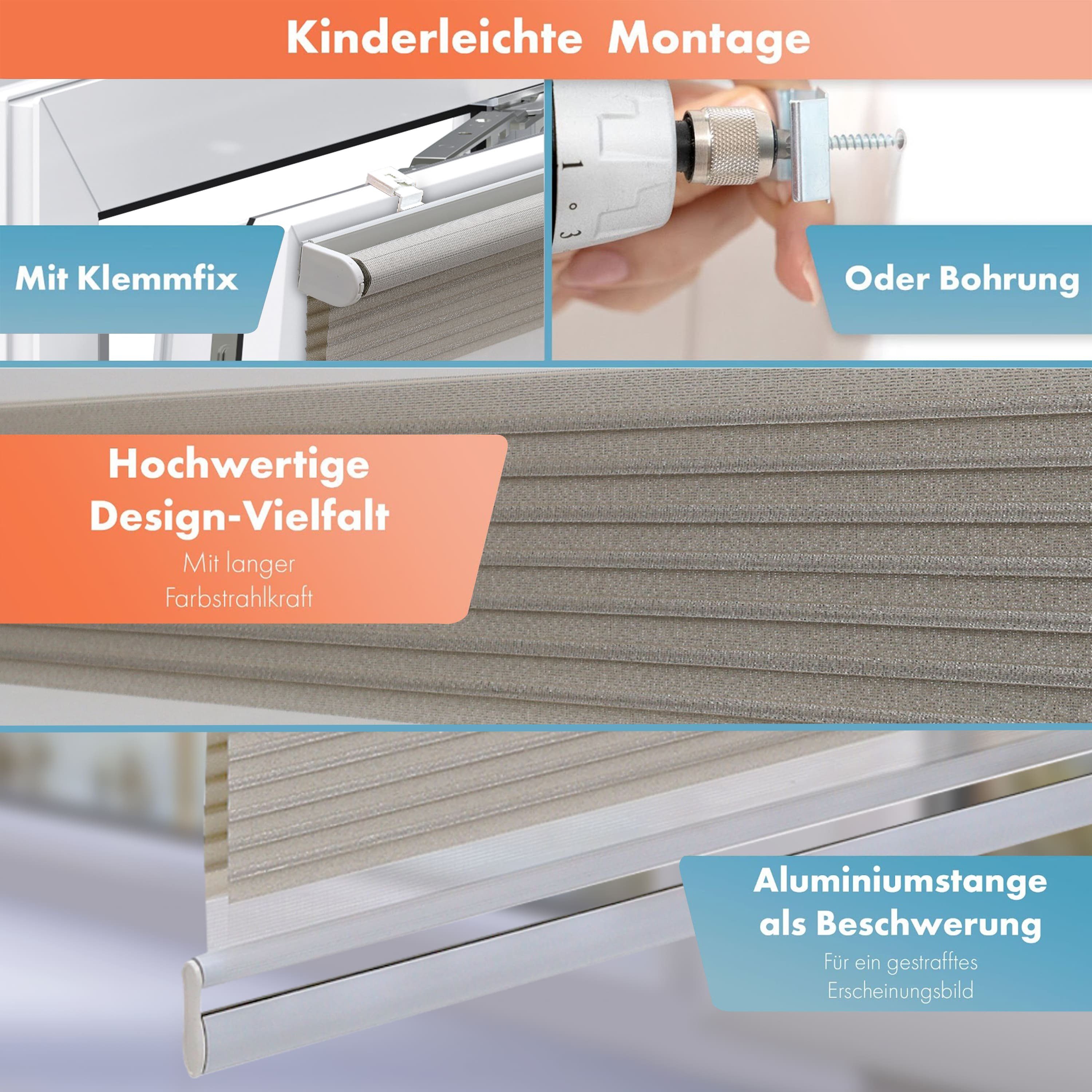 Doppelrollo für Fenster, Klemm Rollos ohne Bohren, Duo Rollo, Bailena, Lichtschutz, ohne Bohren, freihängend, Klemmfix, mit Glitzer Lux, Premium-Stoff