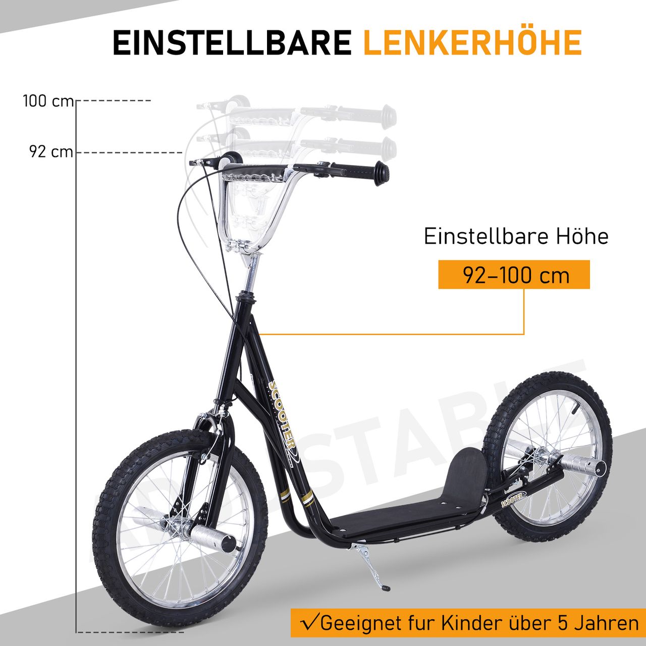 HOMCOM Kinderroller mit Luftreifen Scooter Tretroller Roller Cityroller Kinder Roller Kickboard ab 5 Jahre Kleinkind 16 Zoll Schwarz 143 x 58 x 92-100 cm