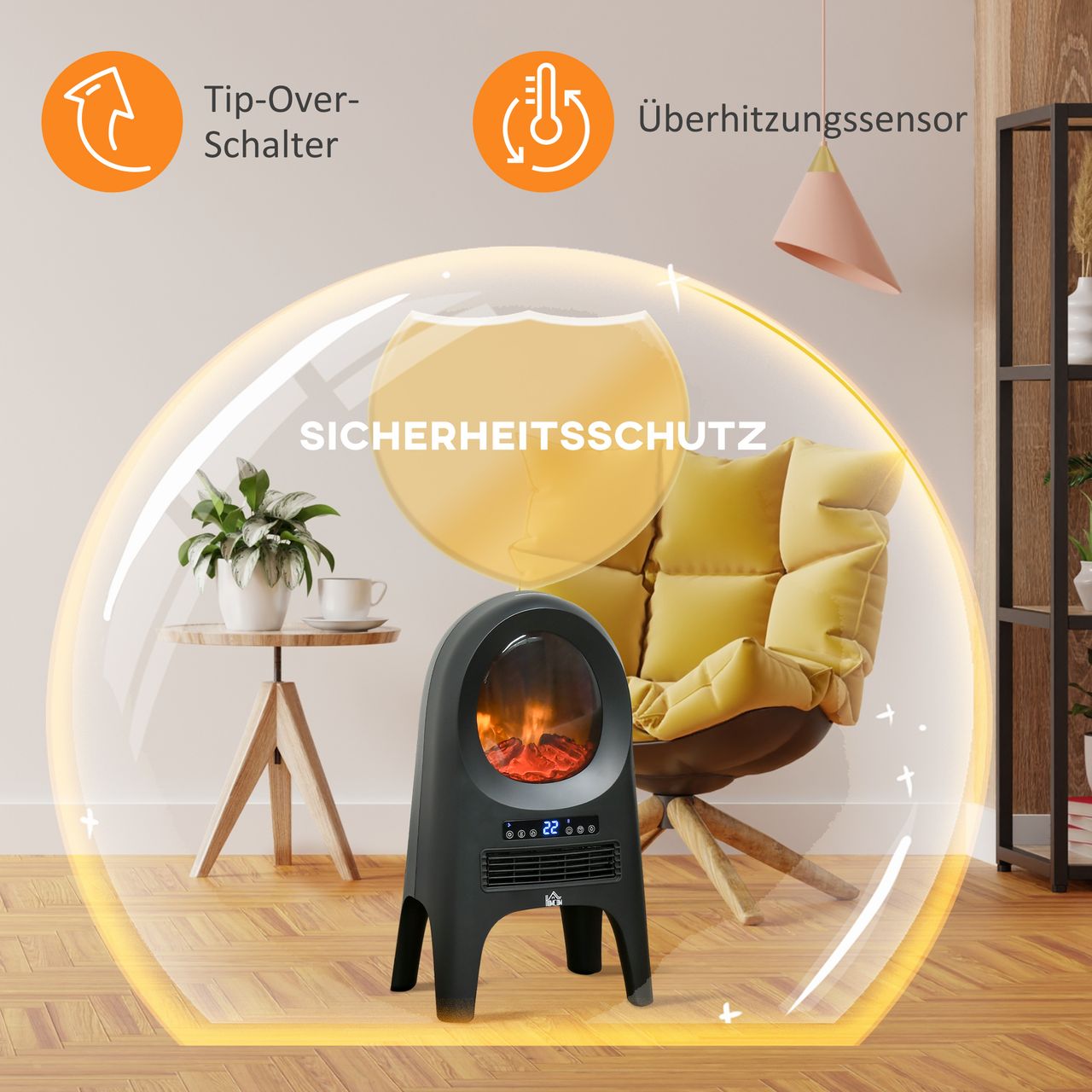 HOMCOM 3 Modi Keramik Heizlüfter mit Timer 2000 W Elektroheizung mit LED-Flammen und -Display Raumheizkörper mit Überhitzungs- und Kippschutz mit Fernbedienung für Innen Wohnräume 33,7x25,5 x60,4cm