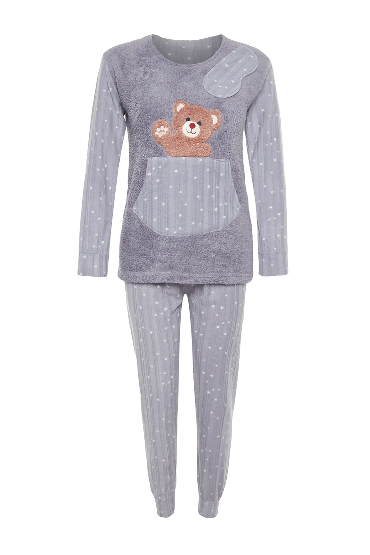 Trendyol Collection  Geräuchertes Wellsoft-Pyjama-Set aus T-Shirt und Hose mit Teddybär-Muster THMAW24PT00174
