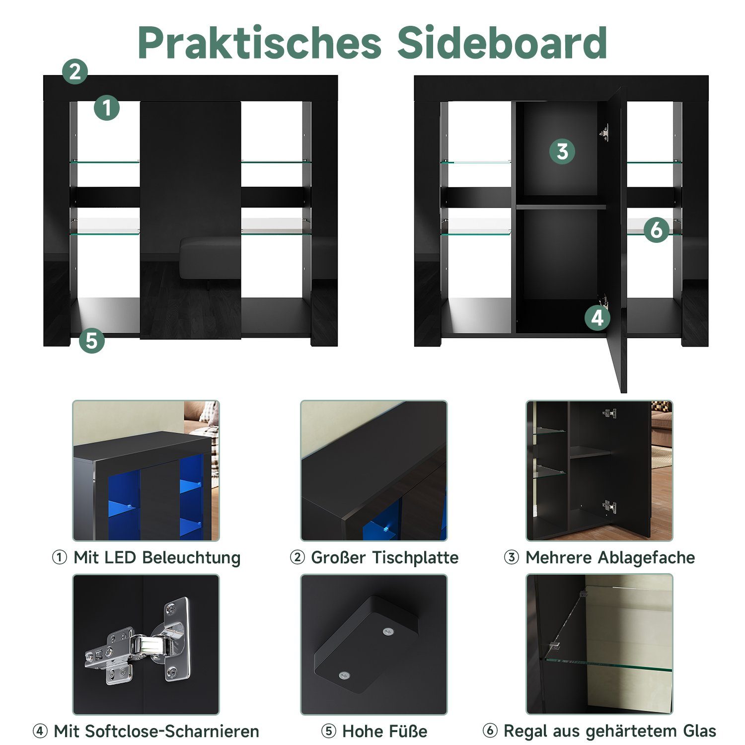 SONNI Sideboard Sideboard Küchenschrank mit LED Beleuchtung 90x35x83cm, Hochglanz, mit Schranktür und 4 glas Einlegeböden, Wohnzimmerschrank