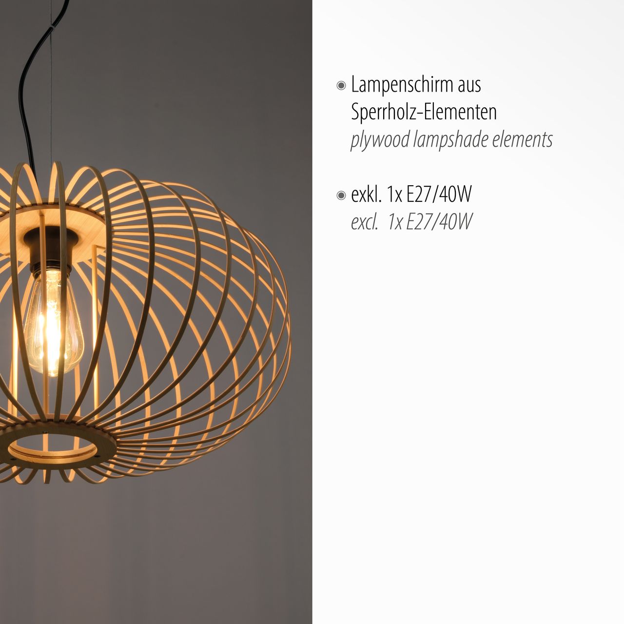 JUST LIGHT LeuchtenDirekt Pendelleuchte RACOON, Materialmix, Holz-natur, 1-flg., 1xE27/40W exkl., Ø50cm