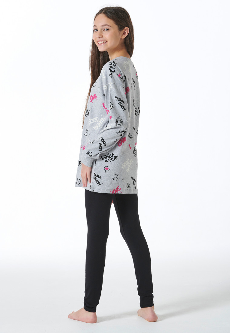 Schlafanzug lang Interlock Shirt mit Leggings Graffiti grau-meliert - Nightwear