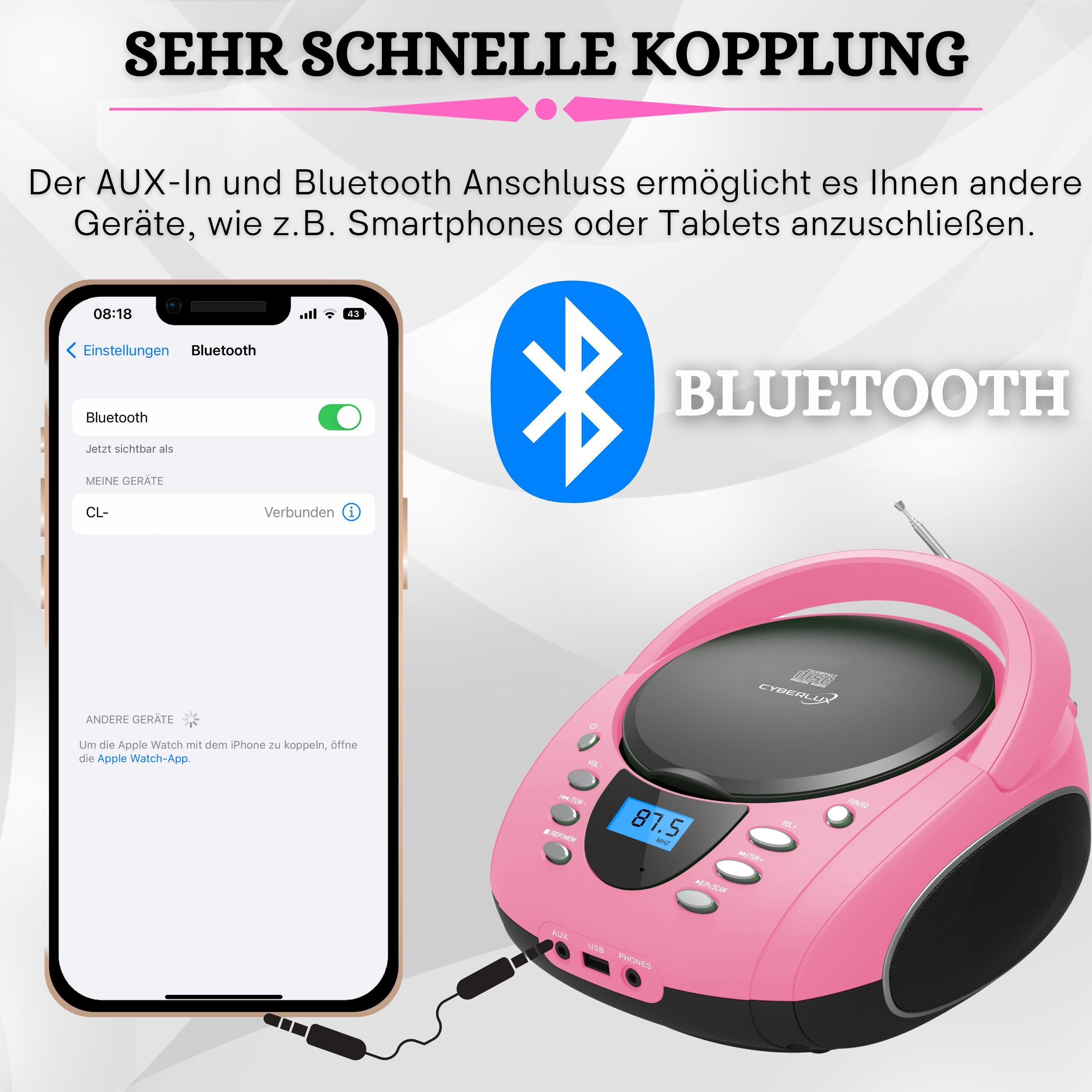 Cyberlux CL-720 tragbarer CD-Player (CD, Kinder CD Player tragbar, Boombox, Musikbox, FM Radio mit MP3 USB)