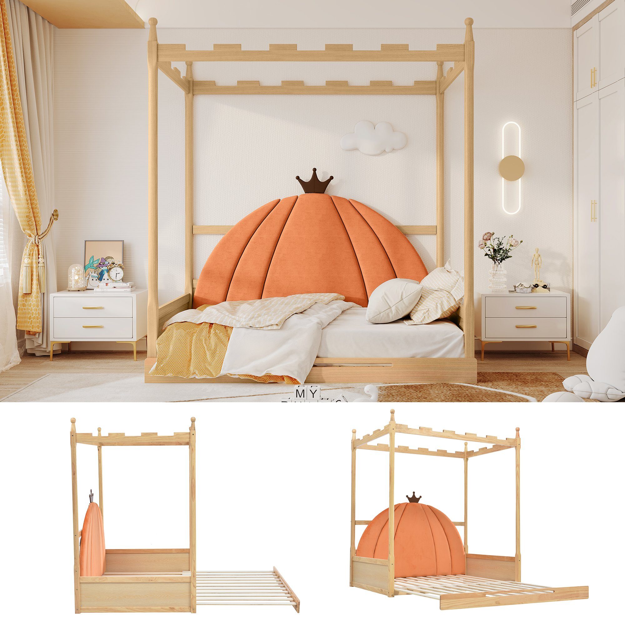 Gotagee Himmelbett Erweiterbares Holzbett Kinderbett Doppelbett Kiefernholz 140x100&200cm, Samtkissen in Kürbisform