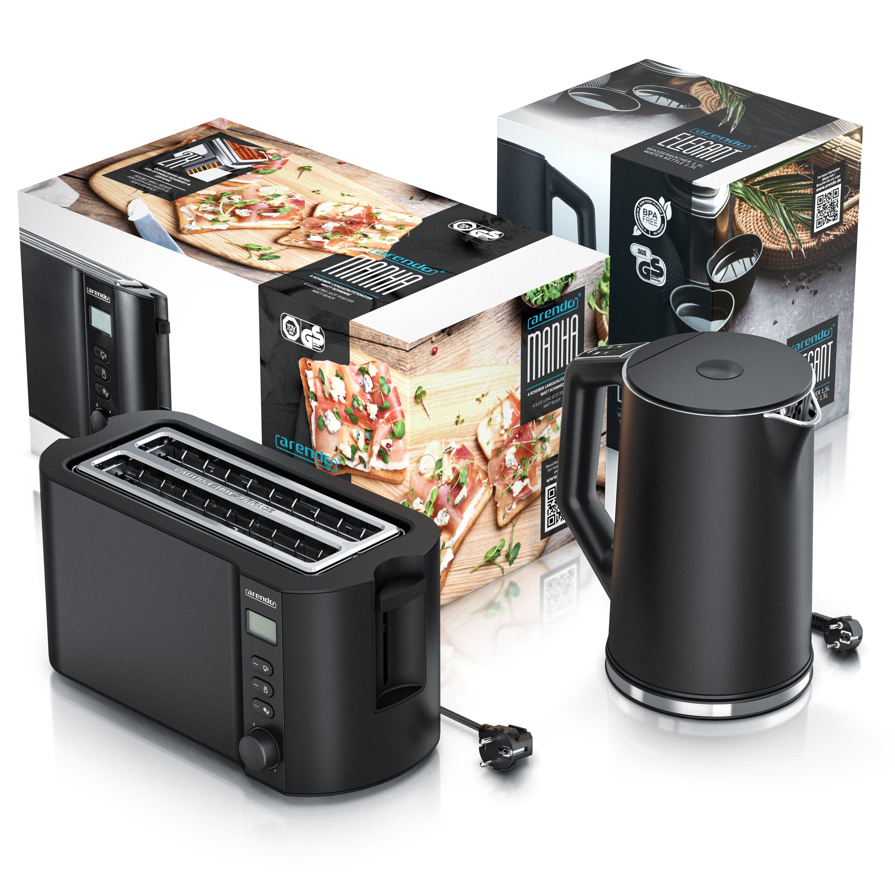 Arendo Frühstücks-Set (2-tlg), Edelstahl Wasserkocher 1,5l, 4-Scheiben Langschlitz Toaster, Schwarz