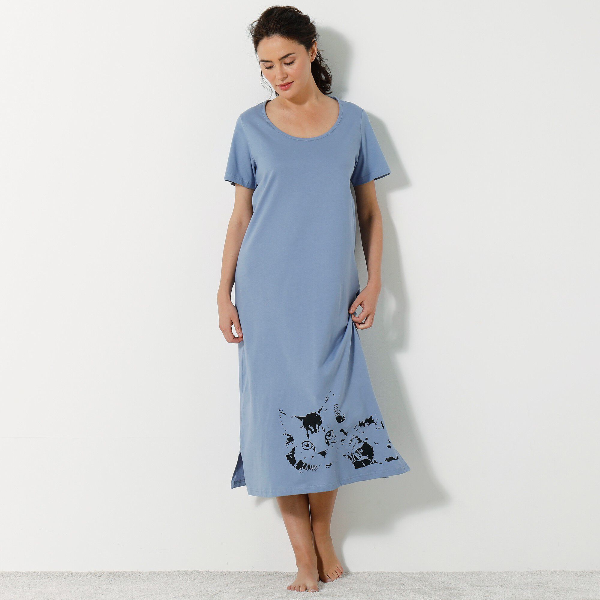 Chemise de nuit longue imprimé chat