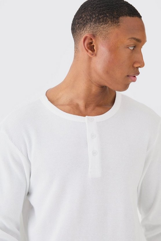 Langärmliges Loungewear-Oberteil in Waffeloptik mit Knopfleiste