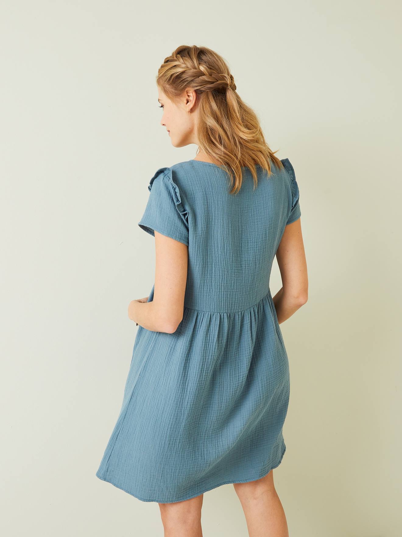 Robe de grossesse et d'allaitement gaze de coton bleu jean