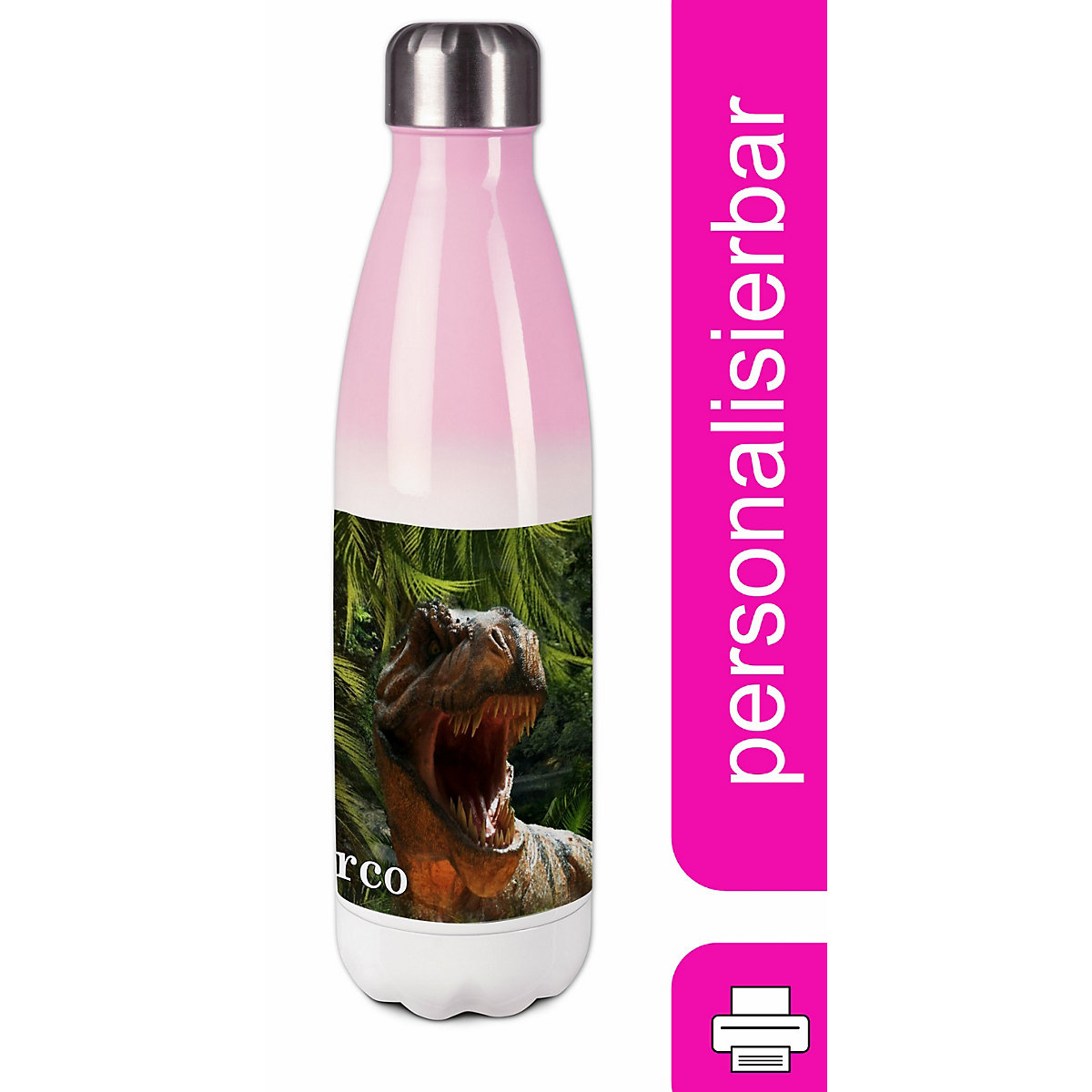 Edelstahl Kinder Thermoflasche / Trinkflasche bunt T-Rex Spülmaschinenfest, Auslaufsicher, Bruchfest, Doppelwandig, Für Heißgetränke geeignet, Mit Deckel, Isoliert
