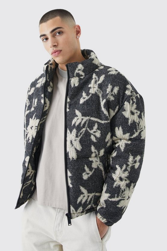 Kastige florale Jacquard-Steppjacke mit Trichterkragen