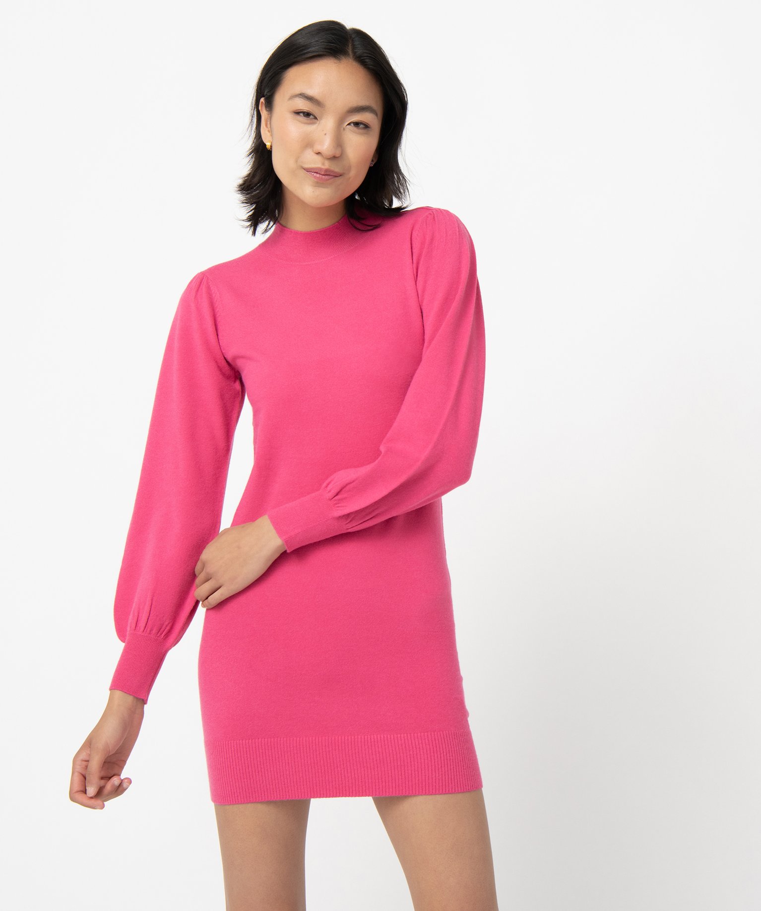 Robe pull femme en maille à manches longues et col montant rose | GEMO