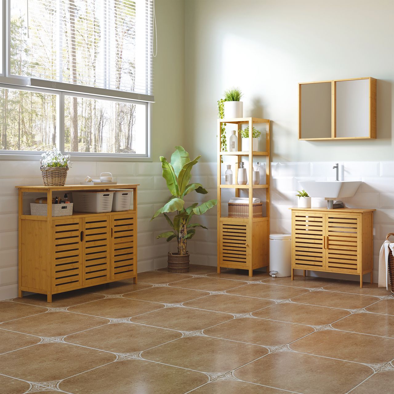 HOMCOM Badschrank Badezimmerschrank mit 3 offenen Fächern für Badezimmer, Natur