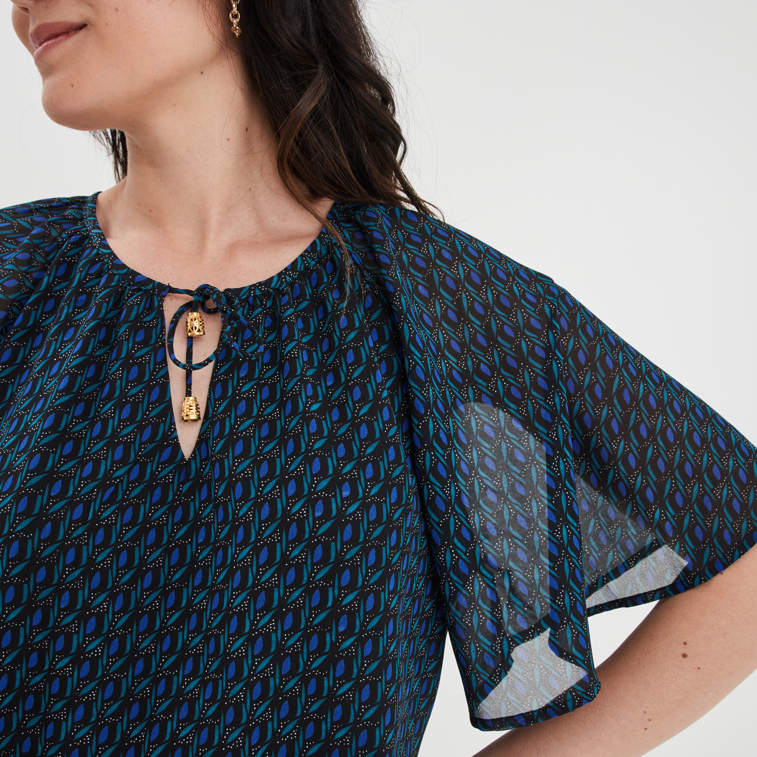 Blouse col tunisien avec cordons bleu marine femme | La Halle