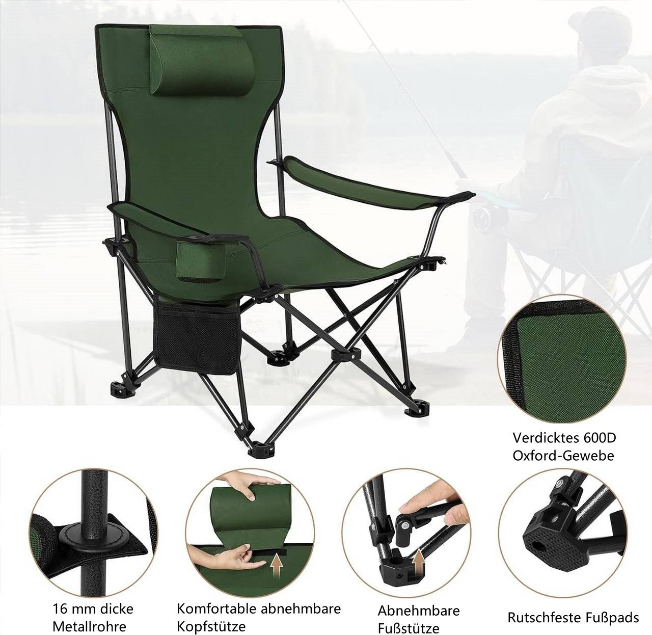 Woltu Campingstuhl (1 St), klappbar für Outdoor mit Armlehnen Getränkehalter