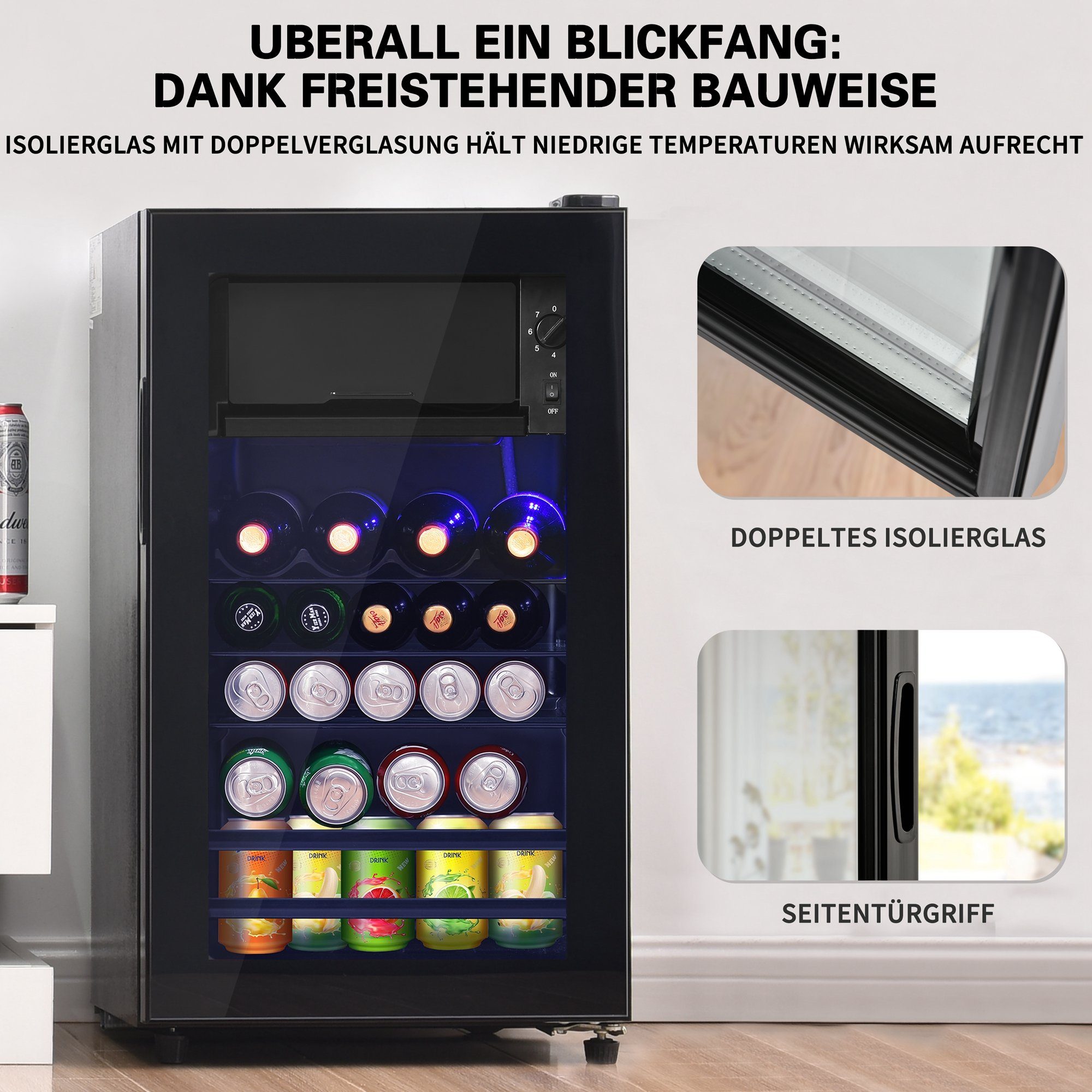 Ulife Getränkekühlschrank SC-76A, 71.6 cm hoch, 40 cm breit, höhenverstellbare Füße, Gefrierfach 6L, Kühlfach 70L, Energieklasse F