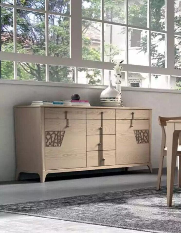 JVmoebel Esszimmer-Set Beige Esszimmer Garnitur Set Tisch 4x Stühle Vitrine, (7-St., Nur Esstisch + 4x Stühle + Sideboard + Vitrine), Made in Italy