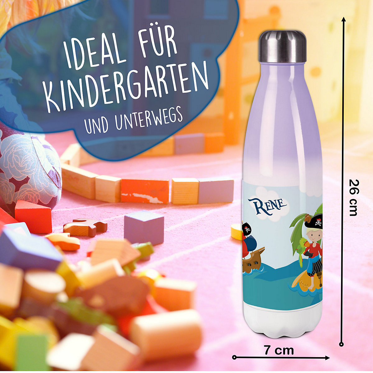 Edelstahl Kinder Thermoflasche / Trinkflasche bunt Pirat nah Spülmaschinenfest, Auslaufsicher, Bruchfest, Doppelwandig, Für Heißgetränke geeignet, Mit Deckel, Isoliert