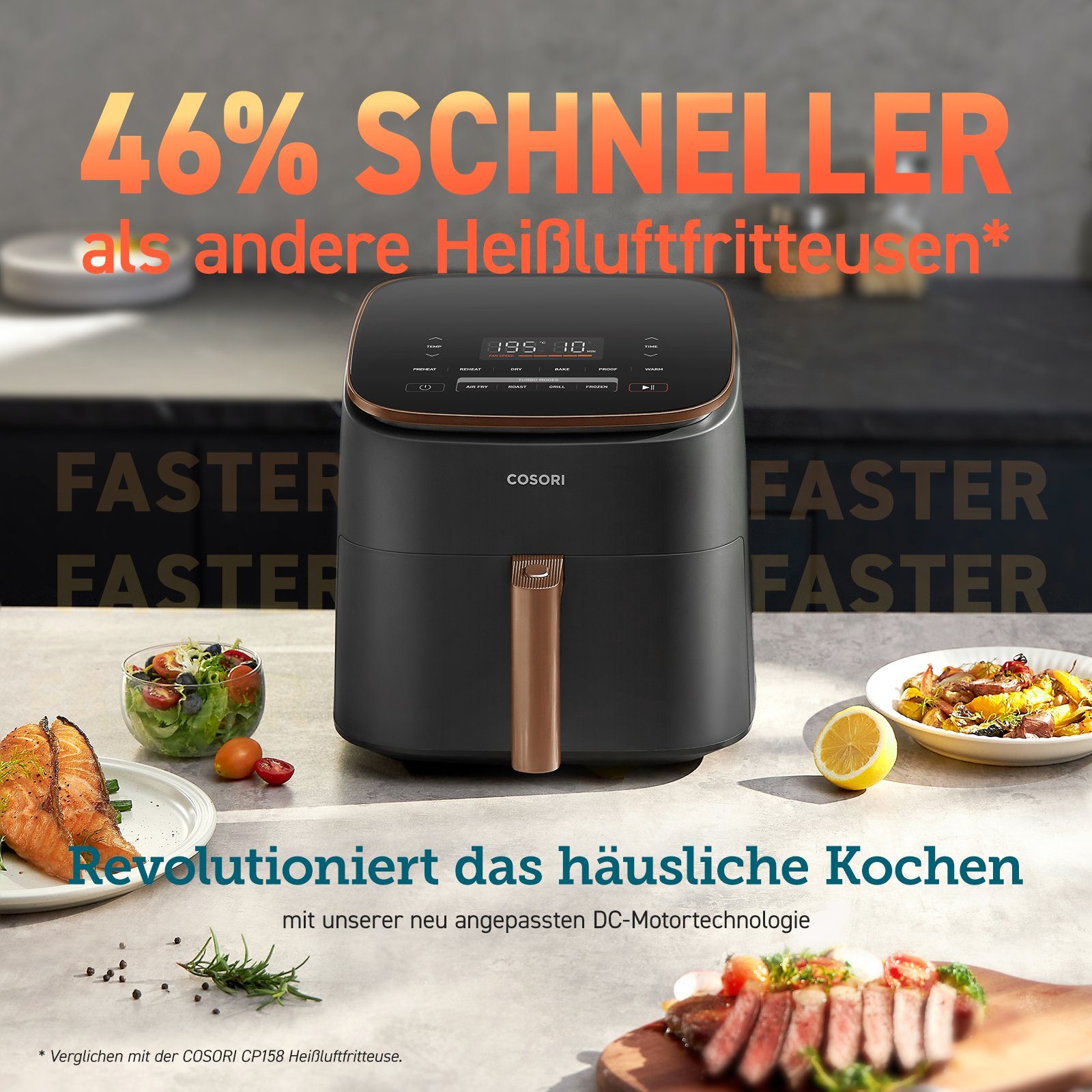 Cosori Heißluftfritteuse TurboBlaze Chef Edition, 6.0-Liter, CAF-DC602-KEUR, 1725,00 W, Einzigartiger DC-Motor, 40 % Stromsparen und 46 % schneller zubereiten