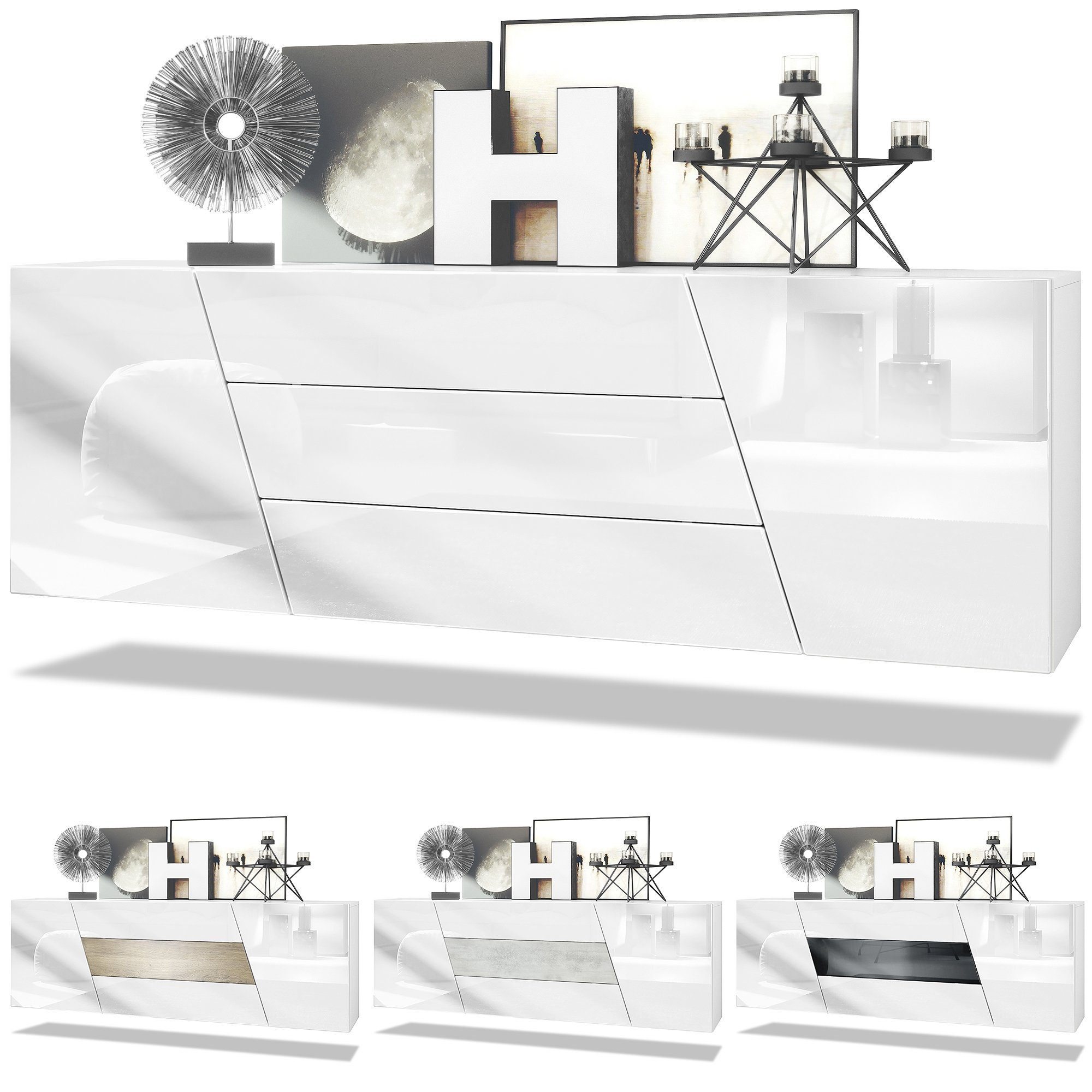 Vladon Sideboard Houston (hängende Kommode, mit 2 Türen und 3 Schubladen), Weiß matt/Weiß Hochglanz (178 x 57,5 x 38,5 cm)