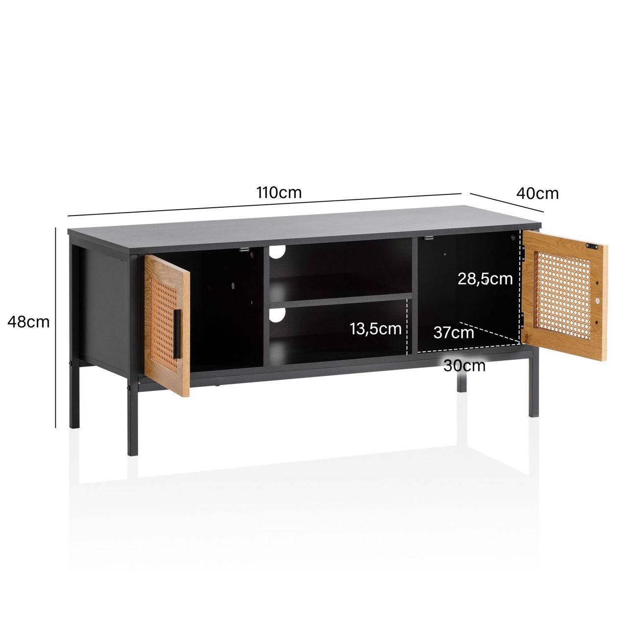 Wohnling Lowboard 110 cm TV Schrank Holz Schwarz Fernsehkommode Wiener Geflecht