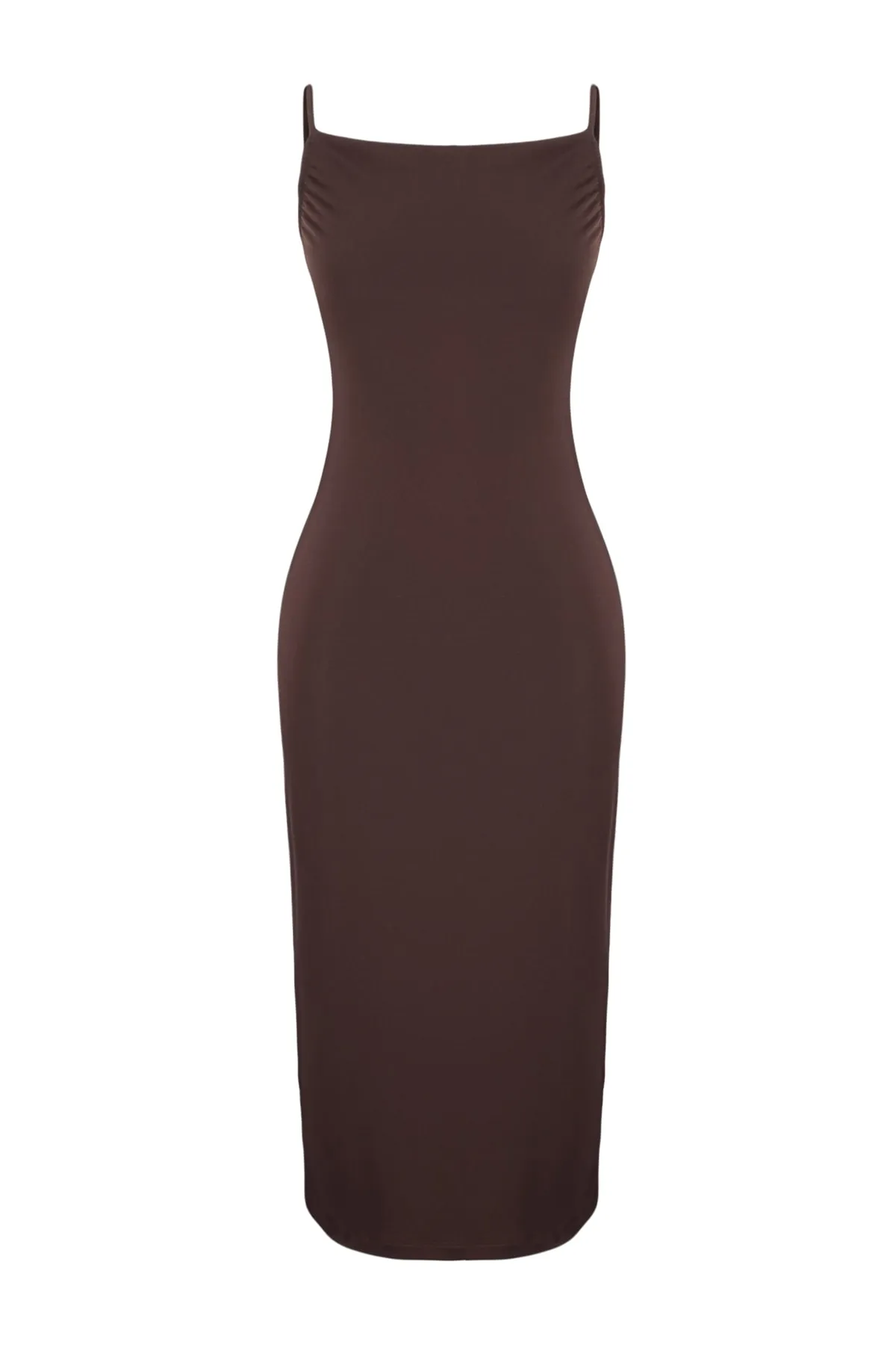 Trendyol Collection  Braunes tailliertes Midi-Bleistiftkleid aus flexiblem Strick mit Degaje-Kragen TWOSS19AD0020