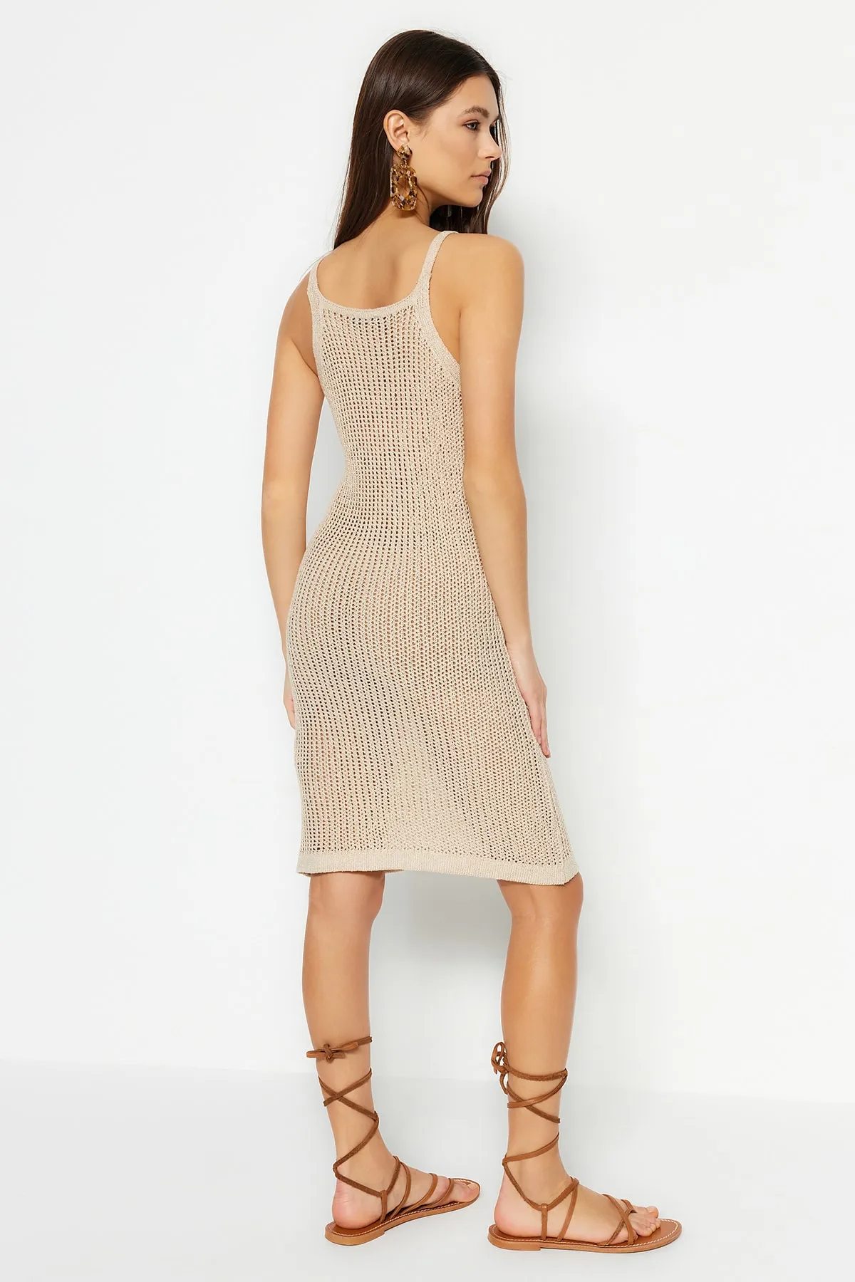Trendyol Collection  Stone Midi-Strickkleid, ungefüttert, durchbrochen/perforiert, TWOSS23EL01408
