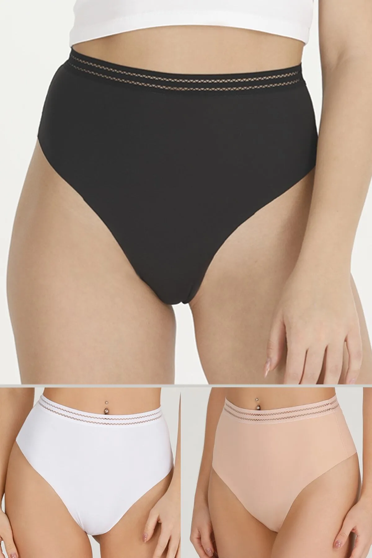 Sensu  Damen - High Waist Laser Cut Tanga Höschen 3er-Set gemischt - Kts2026
