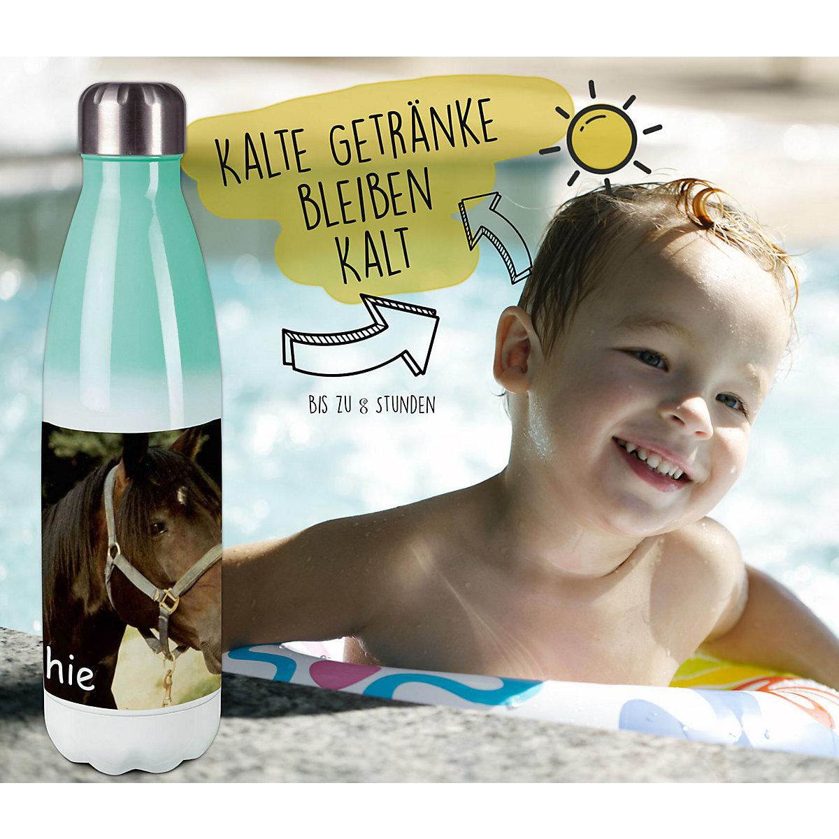 Edelstahl Kinder Thermoflasche / Trinkflasche bunt Pferd Orignial Spülmaschinenfest, Auslaufsicher, Bruchfest, Doppelwandig, Für Heißgetränke geeignet, Mit Deckel, Isoliert
