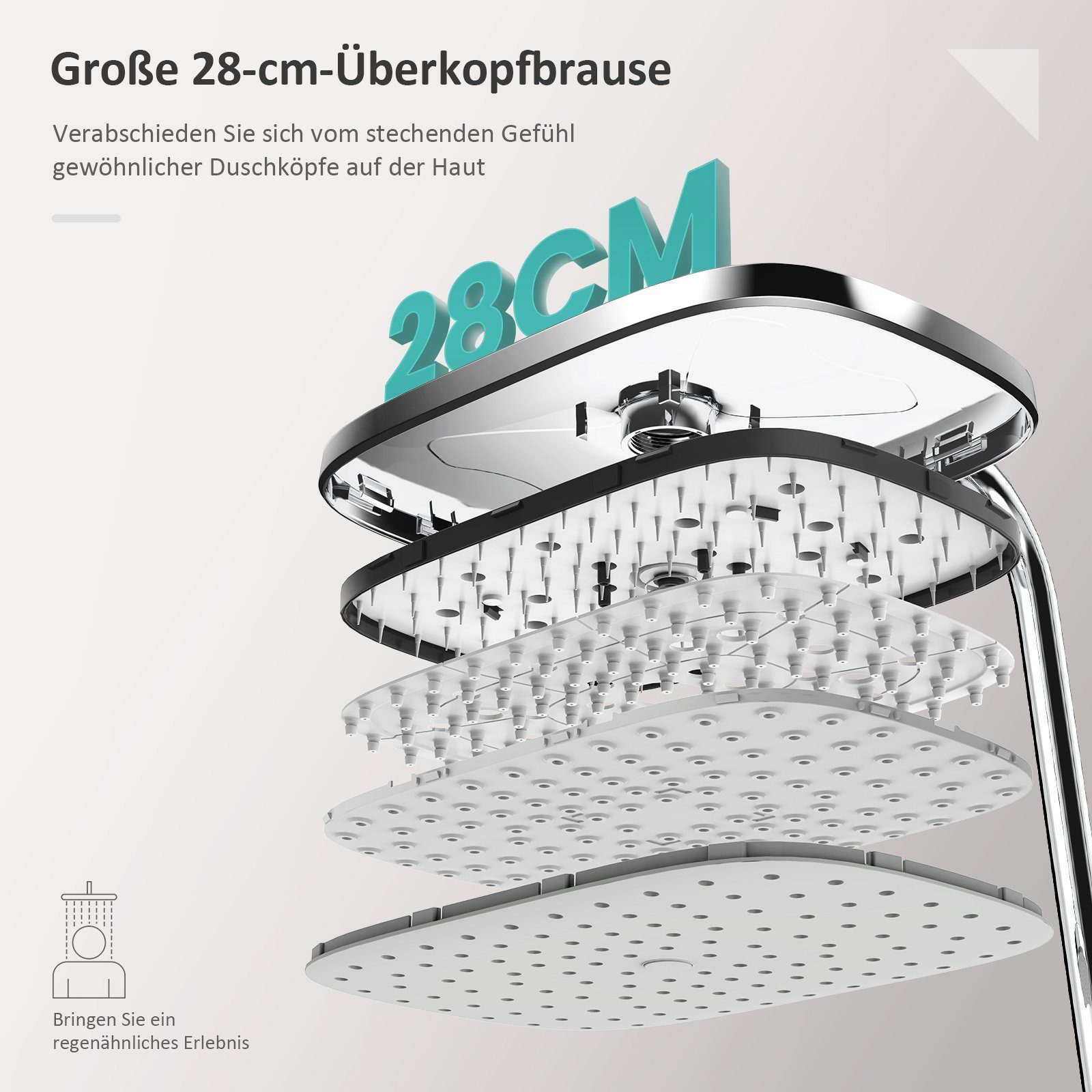 EMKE Duschsystem Duschset mit Theramostat Regendusche Handbrause, 3 Strahlart(en), 38℃ Thermostat Duschsäuleset, Quadratisch, Chrom