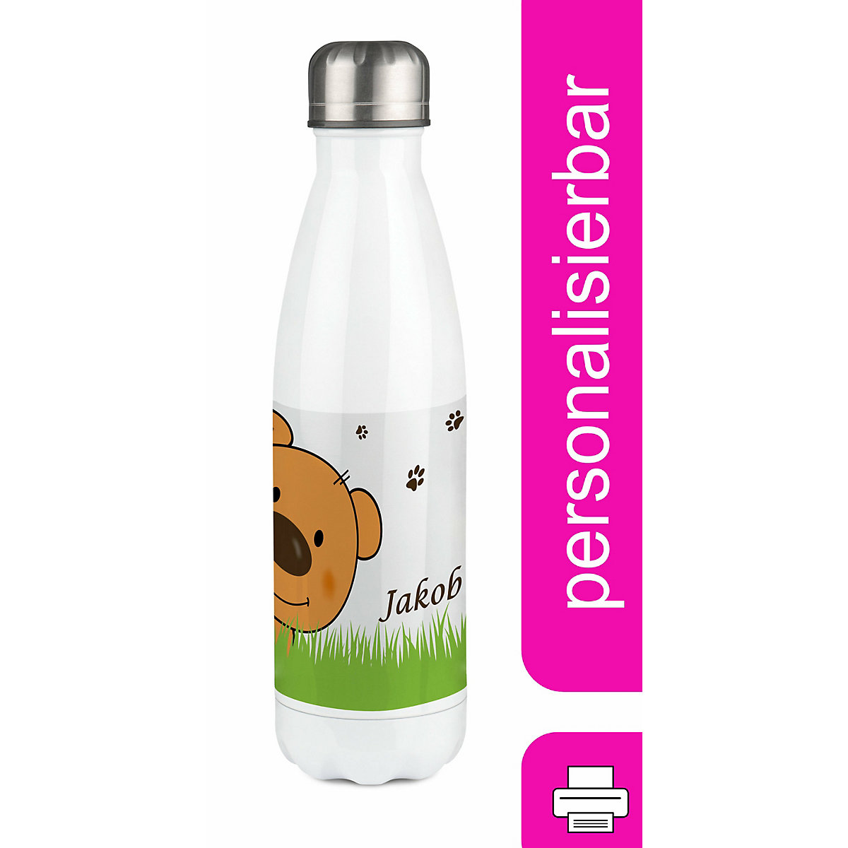 Edelstahl Kinder Thermoflasche / Trinkflasche bunt Teddy Bär-Graß Spülmaschinenfest, Auslaufsicher, Bruchfest, Doppelwandig, Für Heißgetränke geeignet, Mit Deckel, Isoliert