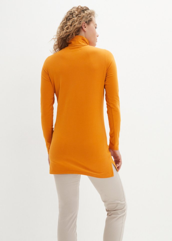 Baumwoll-Stretch-Longshirt mit Rollkragen und Seitenschlitz, Soft-Touch